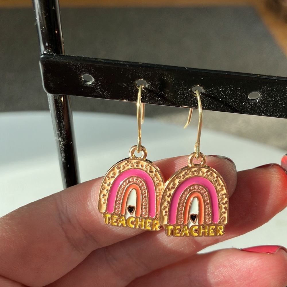 Gold Rainbow "Teacher" Drop Earrings - Pink & Coral